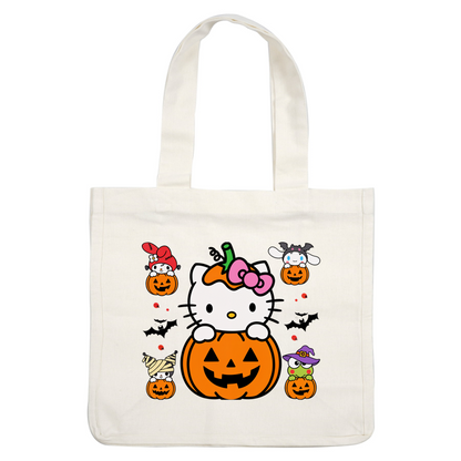 Celebrate Halloween with these adorable characters, featuring Hello Kitty and friends playfully posed around cheerful jack-o'-lanterns!DTF Transfers dtf prints