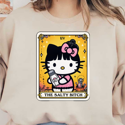 A playful illustration of a cat character holding a salt shaker, surrounded by whimsical elements and vibrant colors.DTF Transfers dtf transfers