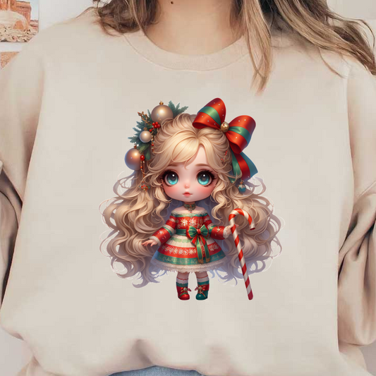 This adorable Christmas doll features long, curly hair adorned with festive ornaments, wearing a striped dress and holding a candy cane.DTF Transfers