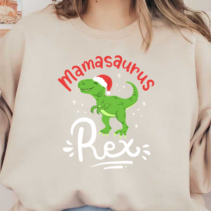 Celebrate the holidays with this adorable Mamasaurus Rex, featuring a cheerful dinosaur in a Santa hat!DTF Transfers heat press transfers