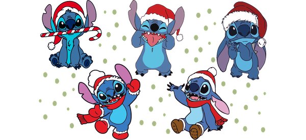 A playful illustration of Stitch in various festive poses, wearing hats and scarves, capturing the holiday spirit.UV Transfers heat press transfers