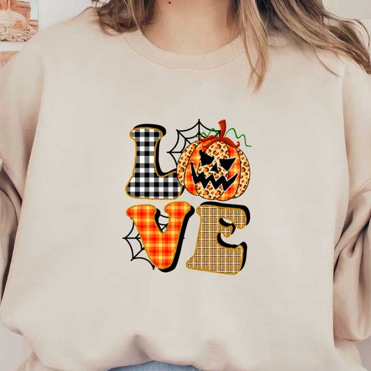 A festive Halloween-themed design featuring colorful, playful letters spelling "LOVE" alongside a pumpkin with a spooky face. dtf prints