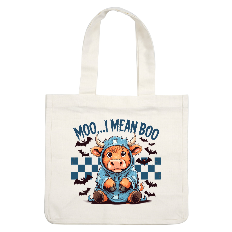 A cute cow in a blue hoodie playfully says "Moo... I mean Boo!"DTF Transfers