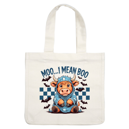 A cute cow in a blue hoodie playfully says "Moo... I mean Boo!"DTF Transfers