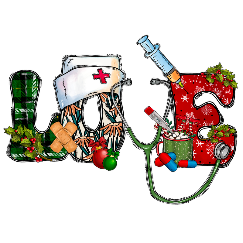 Celebrate the spirit of healthcare with this festive "LOVE" design, featuring holiday elements and medical accessories like a stethoscope and syringes.DTF Transfers heat press transfers dtf prints