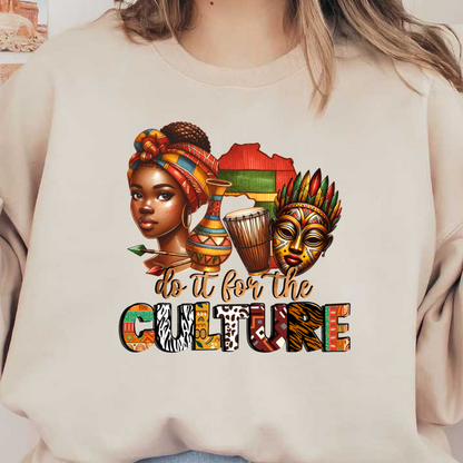 Una obra de arte vibrante que celebra la cultura, con una mujer con atuendo tradicional, instrumentos musicales y una llamativa máscara africana.