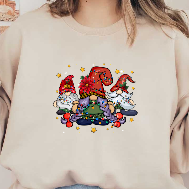 Festive gnomes adorned with colorful hats and Christmas lights, surrounded by shimmering stars for a cheerful holiday vibe.dtf regular iron