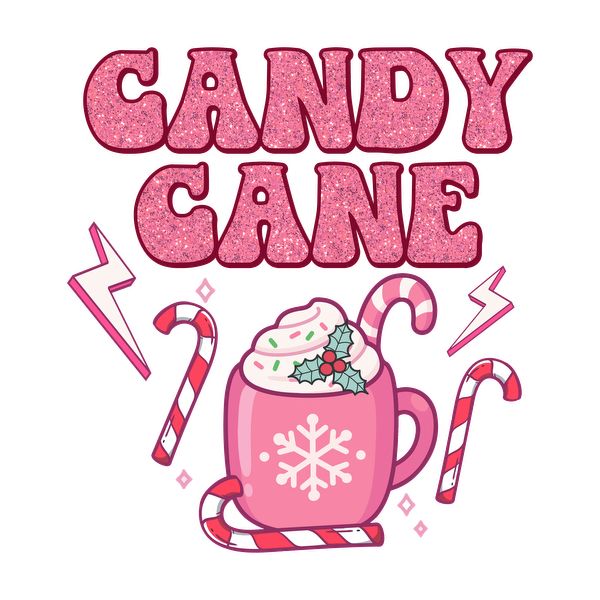 A festive design featuring a pink mug of candy cane hot chocolate, adorned with whipped cream and holly, surrounded by candy canes.dtf regular iron