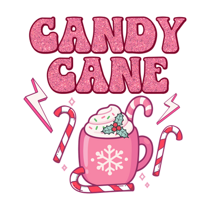 A festive design featuring a pink mug of candy cane hot chocolate, adorned with whipped cream and holly, surrounded by candy canes.dtf regular iron