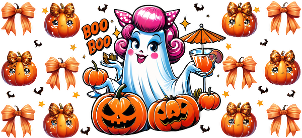 A playful ghost character with pink hair holds a drink and is surrounded by cheerful pumpkins and festive ribbons.UV Transfers dtf prints