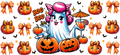 A playful ghost character with pink hair holds a drink and is surrounded by cheerful pumpkins and festive ribbons.UV Transfers dtf prints