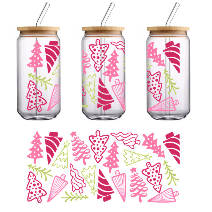 A vibrant, festive design featuring pink and green Christmas trees, ornaments, and swirls, perfect for holiday decorations!UV Transfers heat press transfers