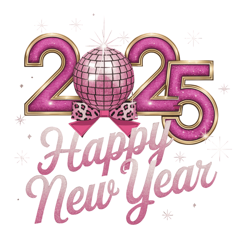 Celebrate 2025 with this glamorous "Happy New Year" design featuring a sparkling disco ball and festive pink accents!DTF Transfers