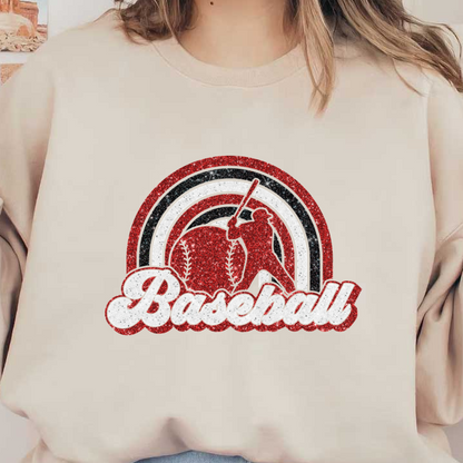 A glittery baseball-themed design featuring a player swinging a bat against a colorful rainbow background, showcasing vibrant red and white colors.DTF Transfers dtf transfers