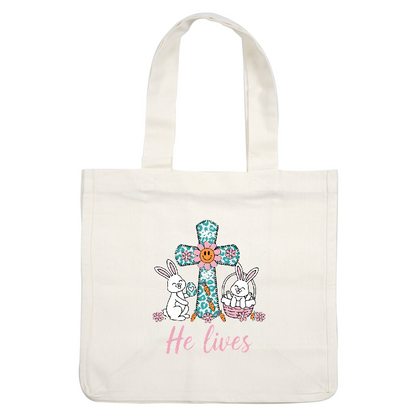 A cheerful Easter-themed design featuring cute bunnies, a colorful cross, and the uplifting phrase "He lives," perfect for spring celebrations.DTF Transfers