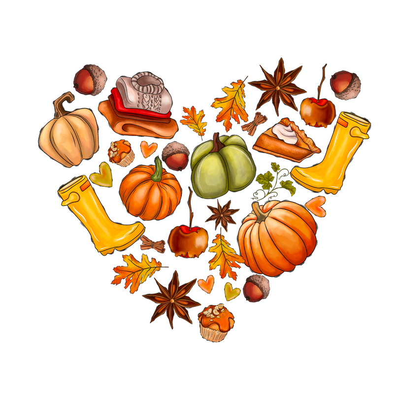 A charming autumn-themed illustration featuring pumpkins, leaves, acorns, yellow rain boots, and a slice of pumpkin pie, all in a heart shape.DTF Transfers heat press transfers