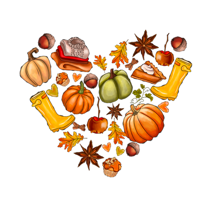 A charming autumn-themed illustration featuring pumpkins, leaves, acorns, yellow rain boots, and a slice of pumpkin pie, all in a heart shape.DTF Transfers heat press transfers