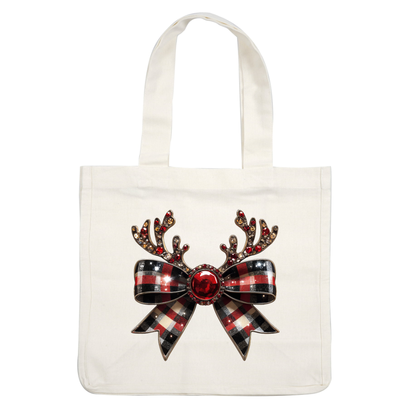 Festive hair accessory featuring sparkling antlers, a vibrant red gem, and a stylish red and black plaid bow. heat press transfers