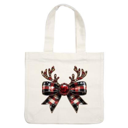 Festive hair accessory featuring sparkling antlers, a vibrant red gem, and a stylish red and black plaid bow. heat press transfers