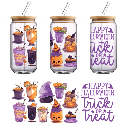 Celebrate Halloween with this festive collection of colorful spooky beverages and treats, featuring pumpkins and playful designs!UV Transfersdtf regular iron