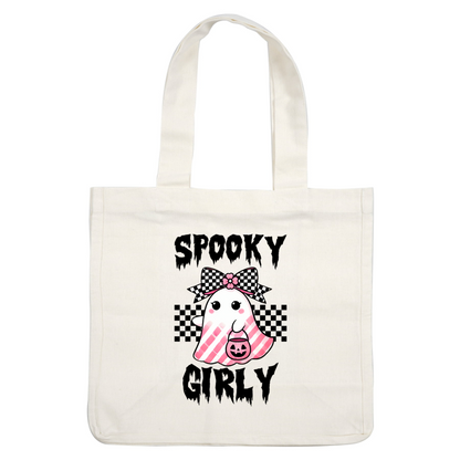 This cute ghost features pink stripes, a black and white checkered bow, and holds a pumpkin-themed candy bucket, perfect for Halloween!