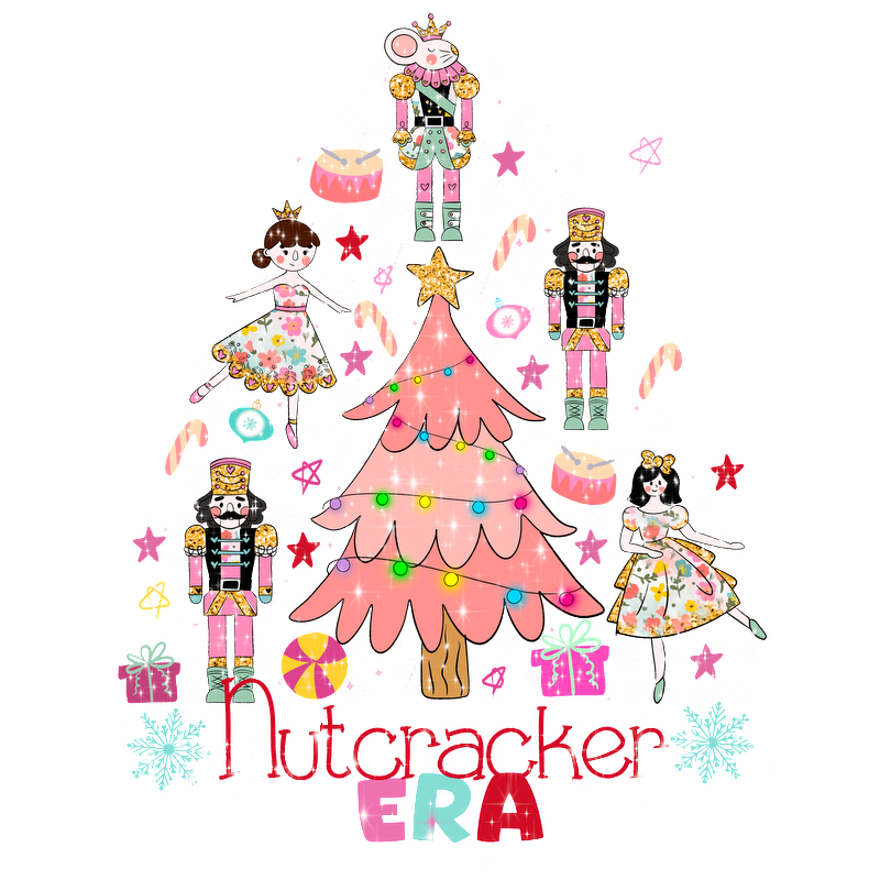 Celebrate the festive spirit with this colorful Nutcracker-themed illustration featuring a pink Christmas tree, nutcracker figurines, and whimsical characters!DTF Transfers heat press transfers