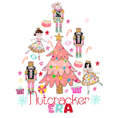 Celebrate the festive spirit with this colorful Nutcracker-themed illustration featuring a pink Christmas tree, nutcracker figurines, and whimsical characters!DTF Transfers heat press transfers