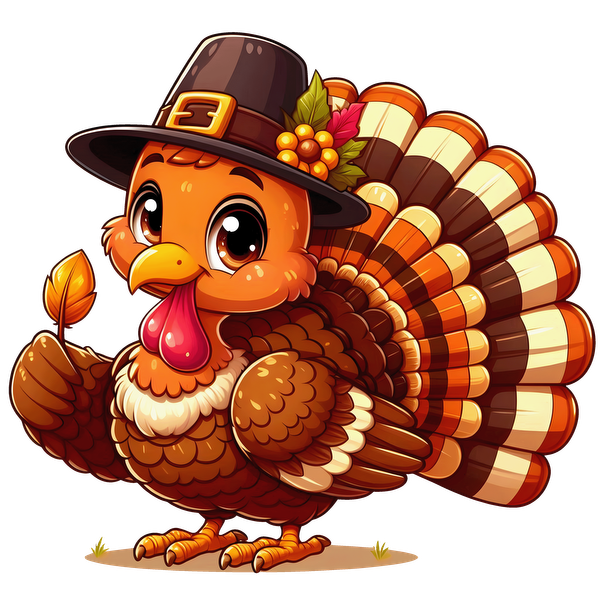 A cute cartoon turkey wearing a pilgrim hat and holding a leaf, celebrating Thanksgiving with vibrant colors and a cheerful expression. dtf prints