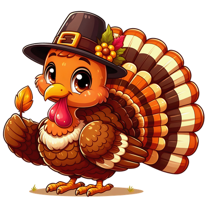 A cute cartoon turkey wearing a pilgrim hat and holding a leaf, celebrating Thanksgiving with vibrant colors and a cheerful expression. dtf prints