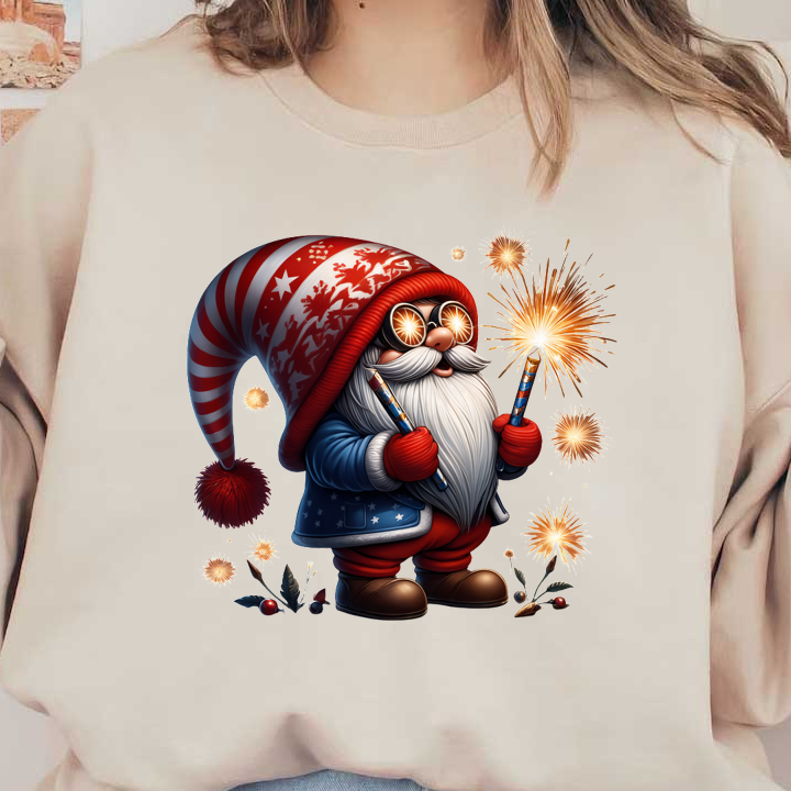 A cheerful gnome in a festive outfit celebrates with sparklers, wearing glasses and a red-white striped hat adorned with stars.dtf regular iron