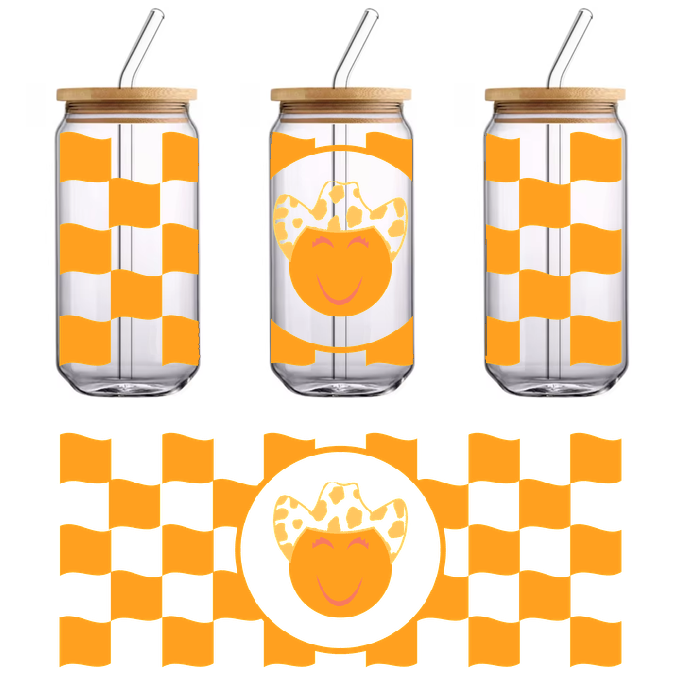 T-shirt with a cute flamingo with an orange and green background.UV Transfers