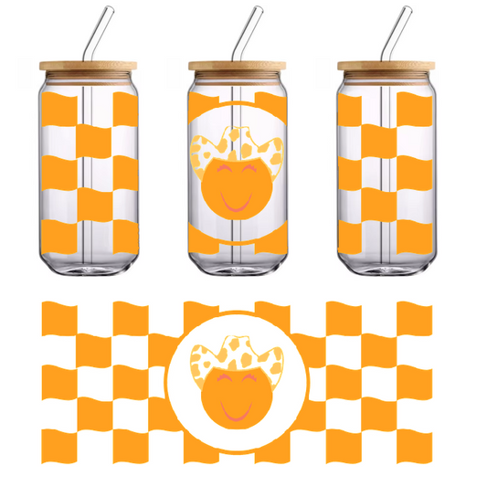 T-shirt with a cute flamingo with an orange and green background.UV Transfers