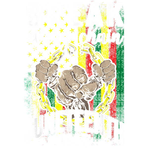 A powerful graphic celebrating Juneteenth 1865, featuring a fist breaking chains against a vibrant background with patriotic colors. dtf prints