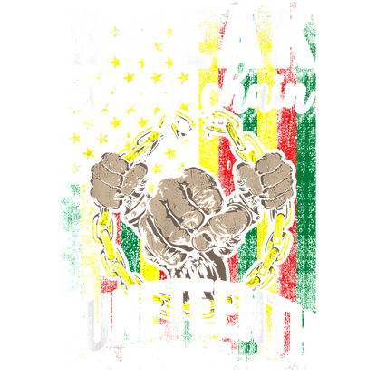 A powerful graphic celebrating Juneteenth 1865, featuring a fist breaking chains against a vibrant background with patriotic colors. dtf prints