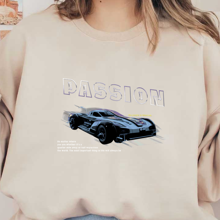 Un elegante diseño de automóvil deportivo negro con gráficos llamativos y la palabra "PASSION" destacada, irradiando una energía dinámica.