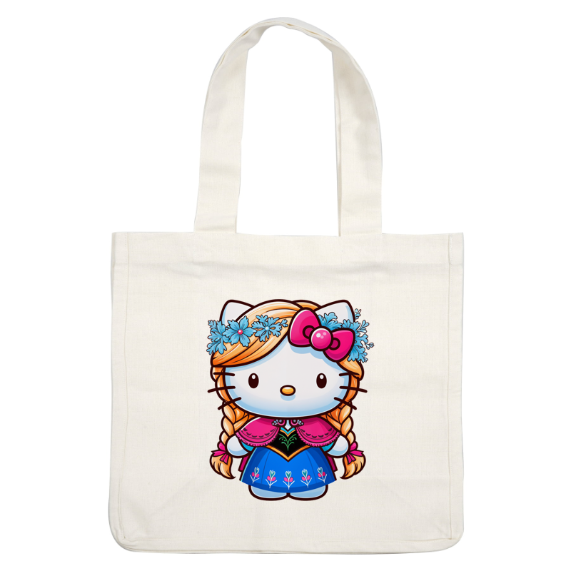 A cute, illustrated Hello Kitty character dressed in a traditional folk costume with flower adornments and vibrant colors.DTF Transfersdtf regular iron