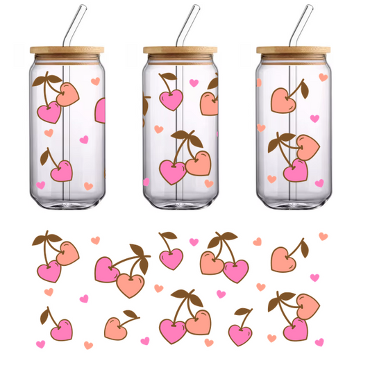 Pink, heart-shaped cherries wallpaper on a black background.UV Transfers