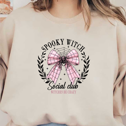 A whimsical pink bow with a spider accent and the playful text "Witches Be Crazy," surrounded by leafy designs. heat press transfers