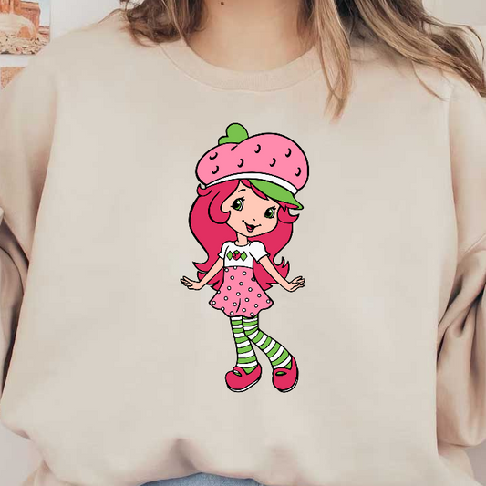 Meet a cheerful character with vibrant pink hair, wearing a strawberry-themed hat, a polka dot dress, and striped leggings!DTF Transfers