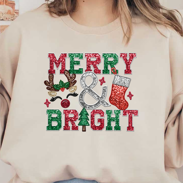 "Celebrate the season with this festive 'Merry & Bright' design featuring glittery letters, a Christmas tree, and playful decorations!"dtf regular iron