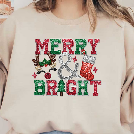 "Celebrate the season with this festive 'Merry & Bright' design featuring glittery letters, a Christmas tree, and playful decorations!"dtf regular iron