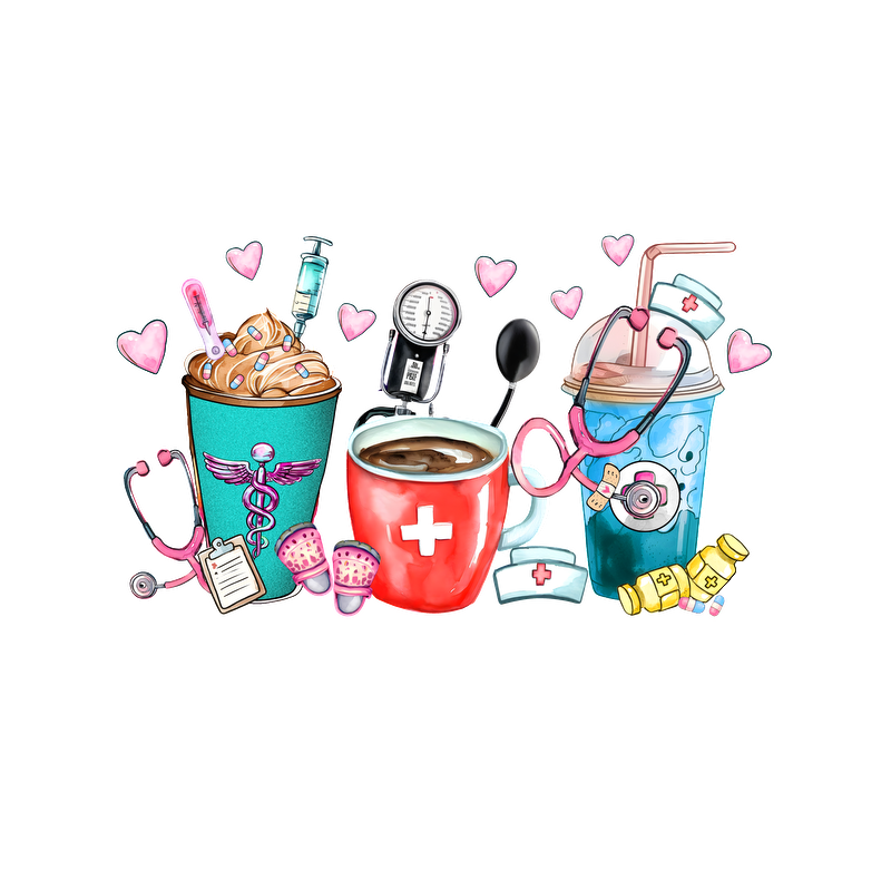 A playful illustration featuring medical-themed drinks, including a latte, a red cup with a Swiss cross, and a colorful smoothie.DTF Transfers