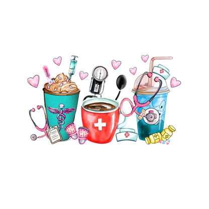 A playful illustration featuring medical-themed drinks, including a latte, a red cup with a Swiss cross, and a colorful smoothie.DTF Transfers