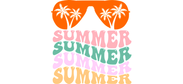 Playful sunglasses graphic with colorful "SUMMER" text and palm trees, capturing the essence of a fun, vibrant summer vibe.UV Transfers heat press transfers