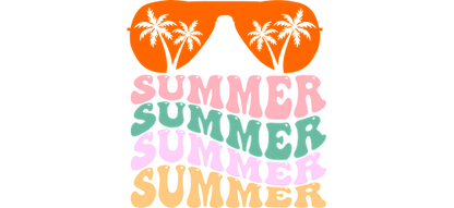 Playful sunglasses graphic with colorful "SUMMER" text and palm trees, capturing the essence of a fun, vibrant summer vibe.UV Transfers heat press transfers