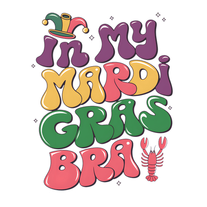 Celebrate Mardi Gras with this vibrant, playful typography design featuring bold colors and a festive jester hat!DTF Transfers