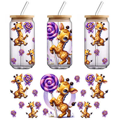 Adorable cartoon giraffes playfully hold colorful lollipops, creating a cheerful and whimsical scene perfect for children's themes.UV Transfers dtf prints