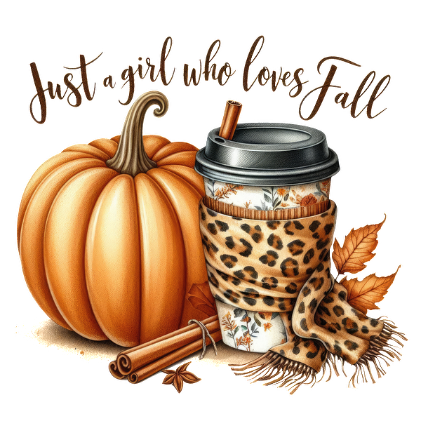 A cozy autumn scene featuring a pumpkin, a coffee cup with floral design, and a stylish leopard print scarf. dtf prints