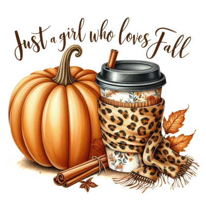 A cozy autumn scene featuring a pumpkin, a coffee cup with floral design, and a stylish leopard print scarf. dtf prints