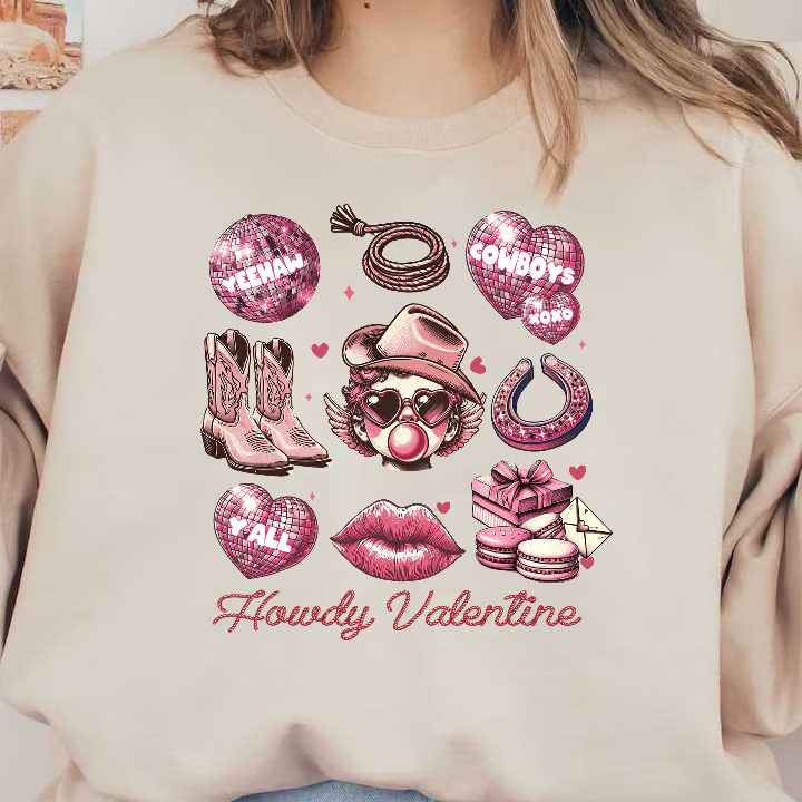 Celebrate love with this vibrant, playful collection of cowboy-themed illustrations, featuring boots, hearts, gifts, and a cheerful character!DTF Transfers